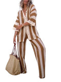 Women Cover Up Sets Button Up Tops with Pants Crochet Outfit Vacation Set - Medium Brown