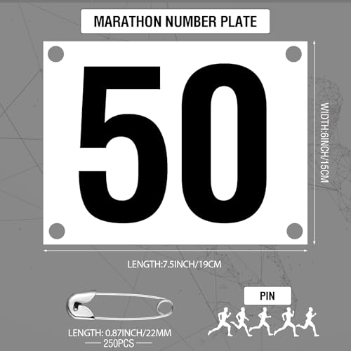 Marathon Running Bib Numbers Set 1-50 with Safety Pins - Reusable Nylon Race Bibs