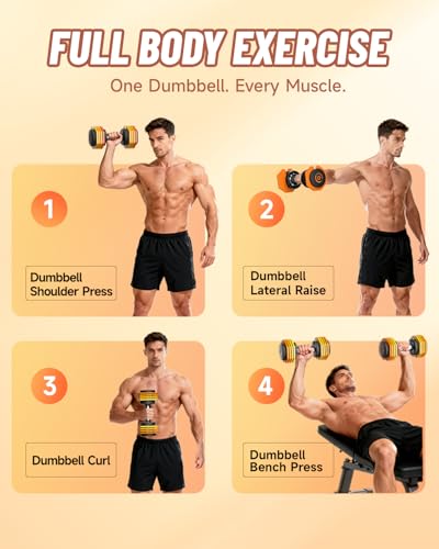 Orange Adjustable Dumbbells Set 22.5LB Pair - 1-Second Fast Turn, Non-Slip Metal Handle, Compact Home Workout Equipment
