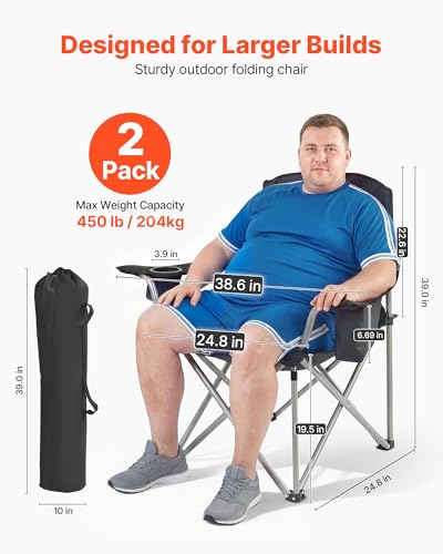 VEVOR 2 Pack Oversized Heavy Duty Camping Folding Chairs with Lumbar Support, Cooler Bag & Side Pockets