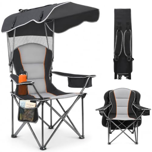 Camping Chair with Canopy Shade - Folding Outdoor Beach Chair, Black, 1 Pack