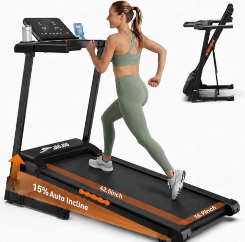 JAGJOG Foldable Black Treadmill with 15% Auto Incline, 8.8 MPH, 300 lb Capacity
