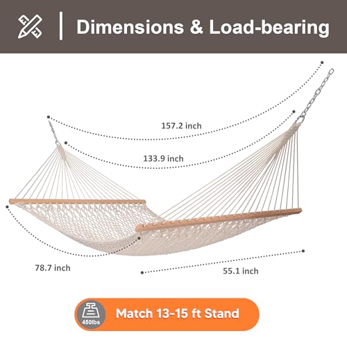 Beige Double Hammock - 450 lbs Capacity, Natural Cotton Rope, Large