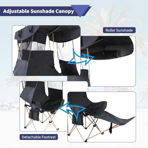 Portable Camping Chair with Canopy & Shade - Heavy Duty Outdoor Lounge Chair - Grey / Casual