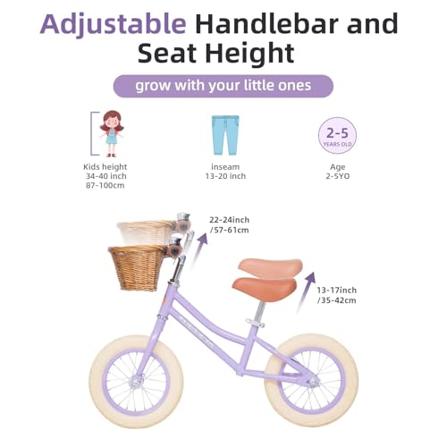 ACEGER 12-Inch Purple Kids Balance Bike with Basket, Lightweight Toddler Bicycle for 2-5 Years