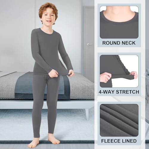 Kids Thermal Underwear Set for Boys - Fleece Lined Long Johns, Medium / Black & Gray