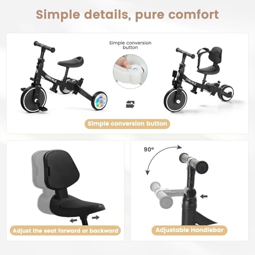 Black 5-in-1 Convertible Toddler Tricycle with Push Handle & Light-Up Wheels