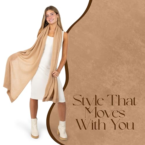 Velanio Cashmere Wool Blend Wrap for Women - Tan Pashmina Shawl 78x27 Travel