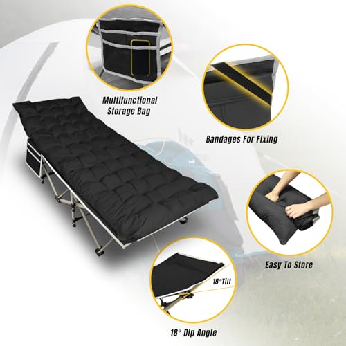 Yellow Jacket Black Folding Camping Cot for Adults, 600LBS Support, Removable Mattress, Portable Bed for Camping, Travel, Home, Office