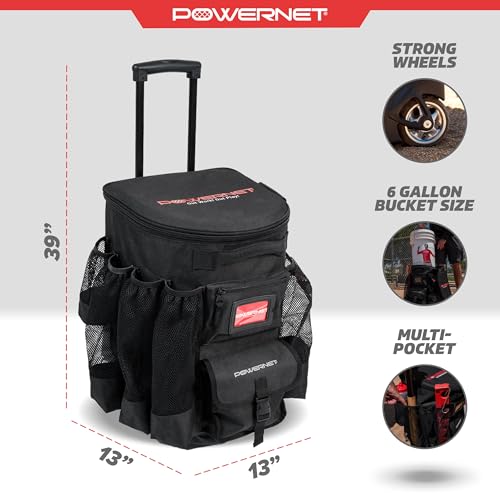 PowerNet Wheeled Baseball Softball Bucket Caddy Cover with Multiple Pockets - All Terrain Organizer for 6-Gallon Buckets