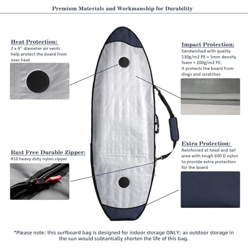 Surfboard Travel Bag 6'0-10'0 Foam Padded Cover with Gear Pocket