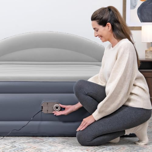 Queen Air Mattress with Headboard Navy - 33 Inch Inflatable Bed with Built-in Pump