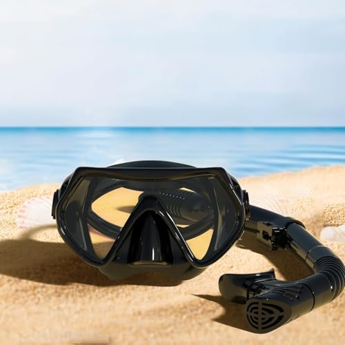Adult Snorkeling Gear Set with Anti-Fog Goggles and Dry Snorkel - Black