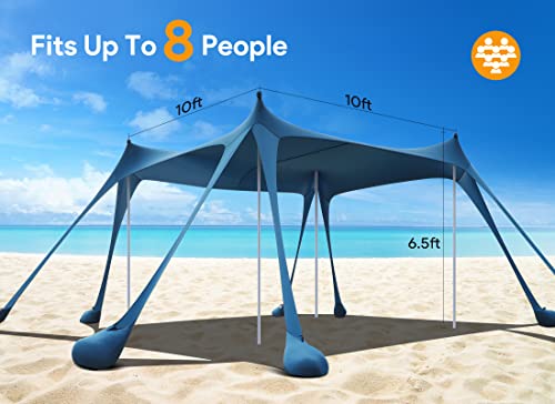 Osoeri Navy Blue Beach Tent 10x10FT Sun Shelter UPF50+ with Sandbags, Portable Camping Shade