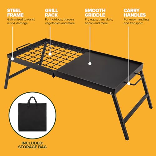 Carbon Steel Foldable Campfire Grill with Non-Stick Surface Portable Cooking Grate & Griddle