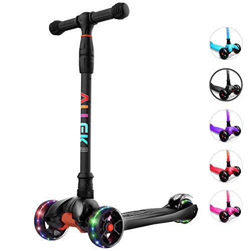Allek Kick Scooter B02 for Kids - Lean 'N Glide with Light-Up Wide PU Wheels (Black, Adjustable Heights 3-12yrs)
