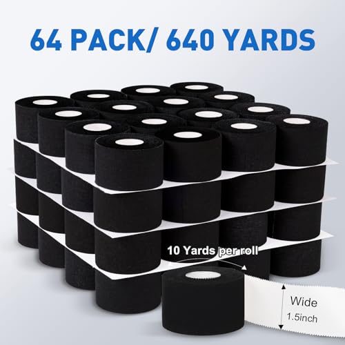 Black Athletic Tape 64 Pack - 640 Yards Strong, Easy Tear, No Residue, Gymnastics & Sports Support