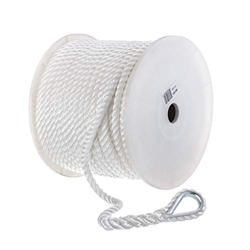 Seachoice 1/2 Inch x 200 Ft White Nylon Anchor Line Rope - 3-Strand Twisted, Galvanized Steel Thimble