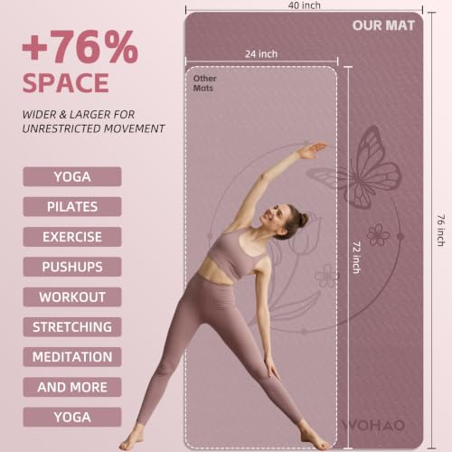 Large 76x40 Inch Pink Butterfly Flower Yoga Mat - Extra Thick Non-Slip Exercise Mat