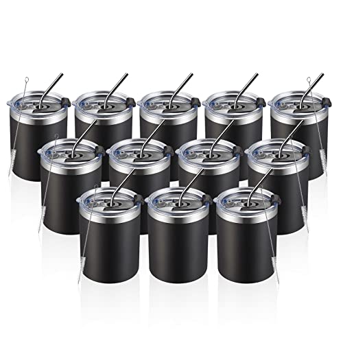 12 Pack Stainless Steel Lowball Tumblers with Straw & Lid - Black