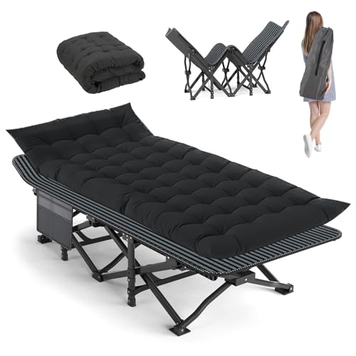 Portable Camping Cot with Removable Pad & Storage Pocket - Black - 28" Wide