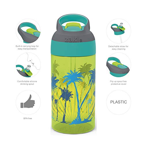 Kids Water Bottles 16oz Set with Straw & Carry Loop - Beach Life & Surfing Boards Design