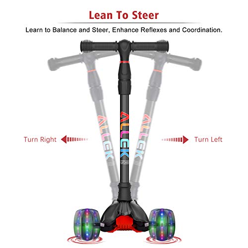 Allek Kick Scooter B02 for Kids - Lean 'N Glide with Light-Up Wide PU Wheels (Black, Adjustable Heights 3-12yrs)