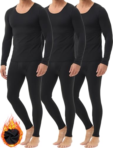 X-Large 3 Pack Men's Thermal Underwear Long Johns Fleece Lined Soft Warm Base Layer Black