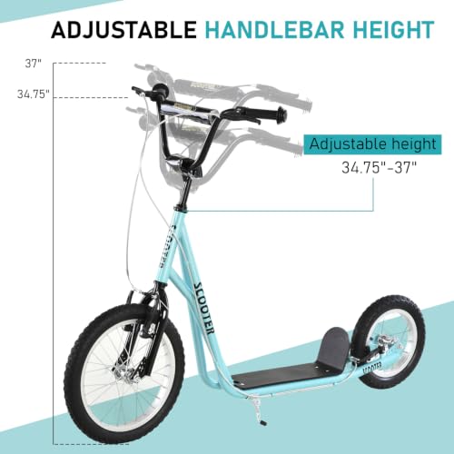 Aosom Youth Kick Scooter for Teens - Adjustable Handlebar, Blue, 16" Front & 12" Rear Inflatable Wheels, Dual Brakes, 5+