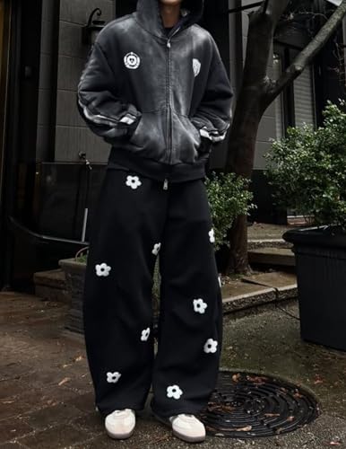 Medium Black Baggy Wide Leg Sweatpants with Flower Embroidery - Casual Y2K Lounge Trousers