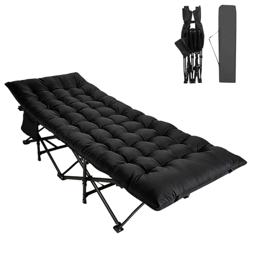 Black Camping Cot with Thick Mattress - Portable Foldable Sleeping Bed for Outdoor & Home