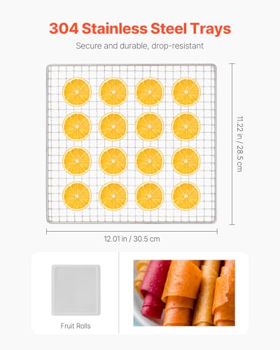 VEVOR Food Dehydrator Machine with 10 Stainless Steel Trays, 1000W Electric Food Dryer, Adjustable Temp & 24-Hour Timer, B Variation