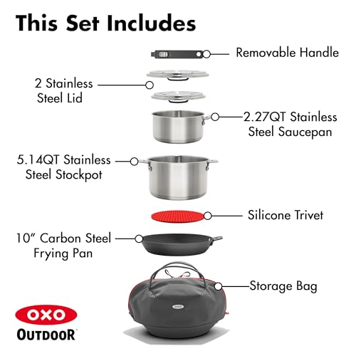 OXO Outdoor 8-Piece Camping Cookware Set with Skillets, Saucepans, Travel Bag