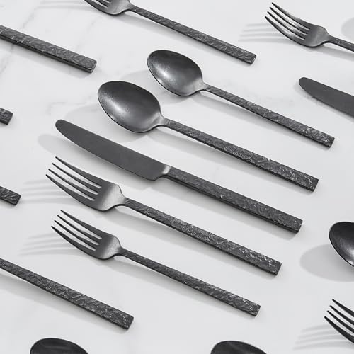 Black 20-Piece Hammered Silverware Set for 4 - 18/10 Stainless Steel Flatware