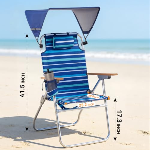17-Inch Tall Blue Striped Beach Chair with Canopy Shade, Supports 350 lbs