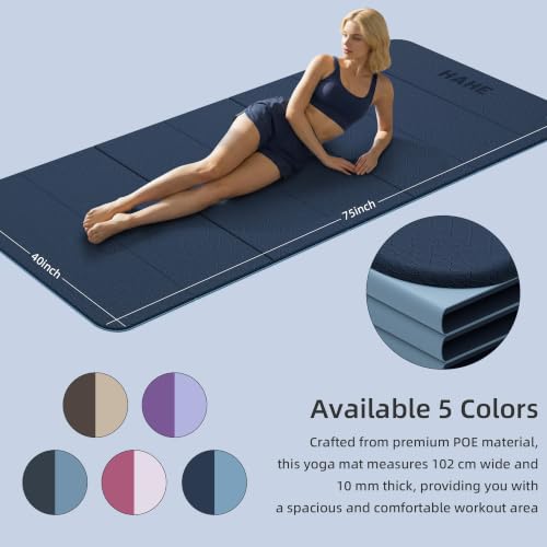 Extra Wide Fitness Exercise Mat 75x40 Inch, Foldable Non-Slip TPE Workout Mat - Navy Blue & Mist Blue