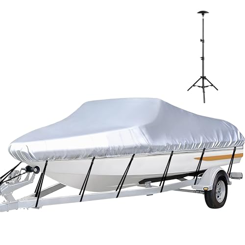 Grey iCOVER Trailerable Boat Cover for V-Hull, 23-24 Ft, Waterproof with Support Pole