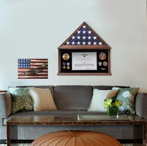 Walnut Finish Burial Flag Display Case Large - 5x9.5 Military Flag Shadow Box with Glass