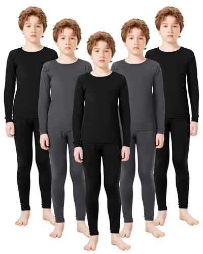 Kids Thermal Underwear Set for Boys - Fleece Lined Long Johns, Medium / Black & Gray