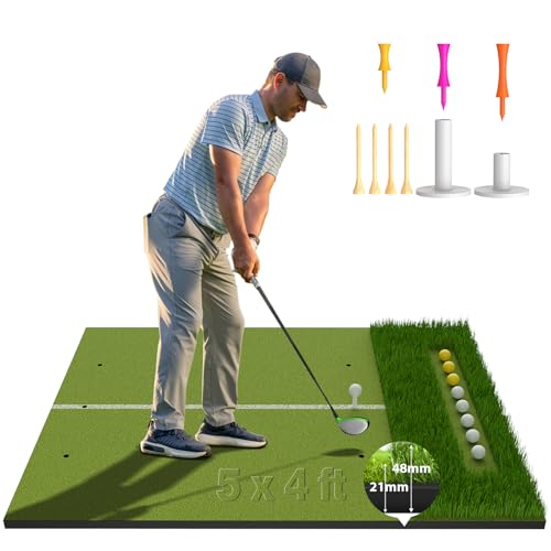 5x4ft Golf Hitting Mat with Shock Absorption Turf & Ball Tray for Indoor & Outdoor Practice