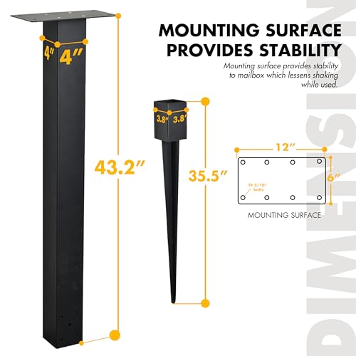 BTRAM 43" In-Ground Mounting Post for Mailbox - Style 2, Heavy Duty Black Steel