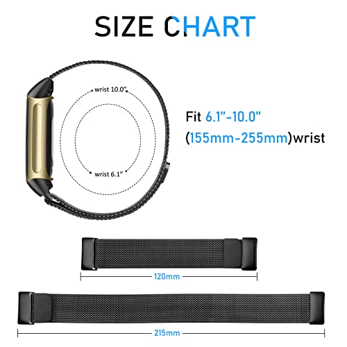 Black Metal Fitbit Charge 6 Band with Mesh Loop Magnetic Clasp - Women Men