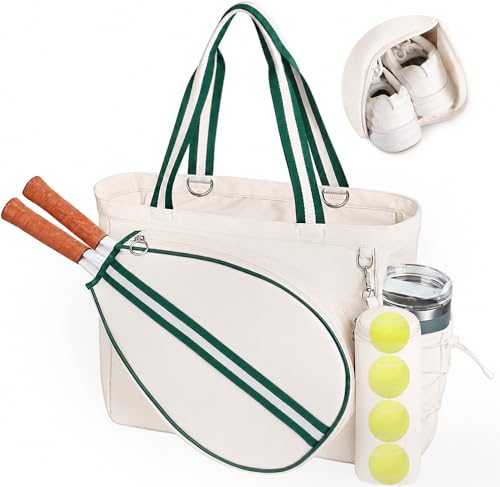 Beige-Green Tennis Tote Bag with Shoe Compartment & Wet Pocket - Movker