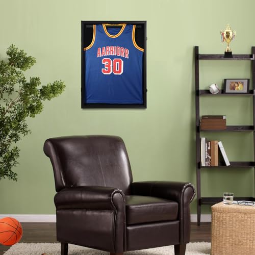 Black Jersey Display Case with Locks, UV Protection Acrylic, 3 Display Options, 31.25x23.25 Inches - Black Frame 1 Pack