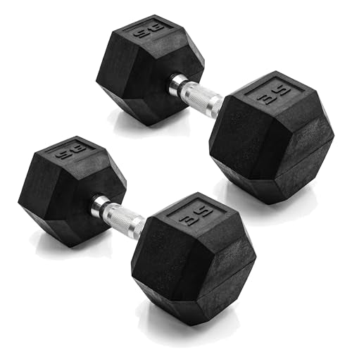 CAP 35 lb Chrome Handle Rubber Coated Dumbbell Pair - Anti-Roll Hex Weights