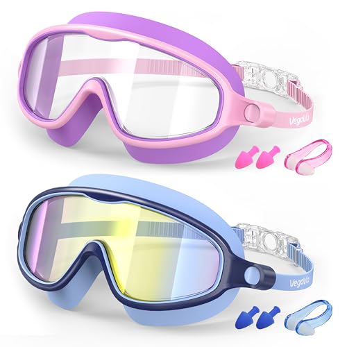 Kids Swim Goggles 2 Pack Anti-Fog Wide View Mirror & Clear Lenses - Light Blue & Purple