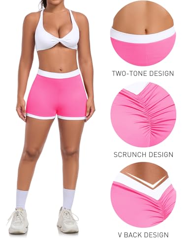 SEASUM Scrunch V Back Booty Shorts for Women High Waist Yoga Workout Pink White X-Large 2.4" Inseam