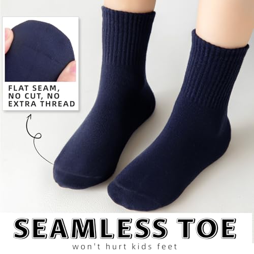 Kids Socks Boys Girls Athletic Crew Socks Seamless Toe Cotton 6 Pairs - Medium Navy