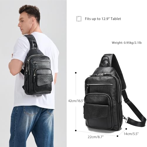 LANNSYNE Black Leather Crossbody Bag for 12.9 Inch iPad - Casual Sling for Men