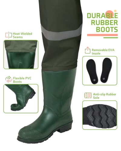 Kids Chest Waders with Boots - Youth Waterproof Fishing Waders for Boys - Green 2/3 Toddler